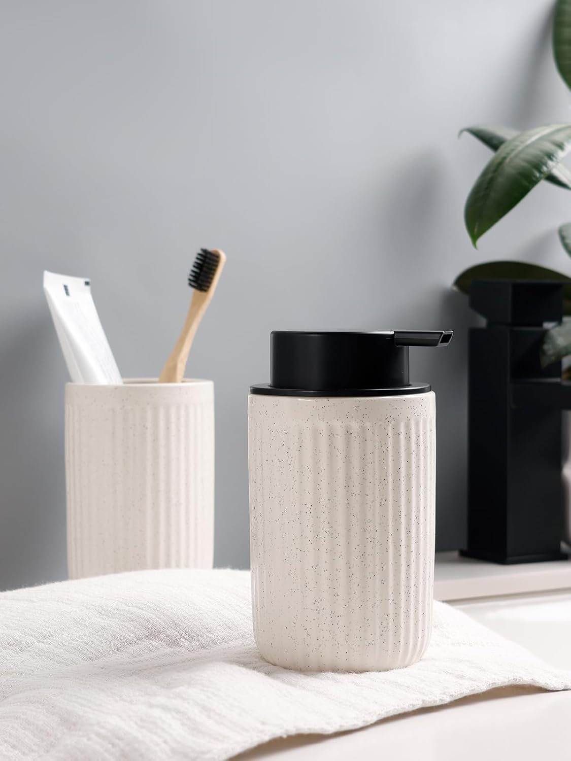 Bosilunlife Soap Dispenser and Toothbrush Holder Set - 11Oz Foam Soap Dispenser Pump Ceramic