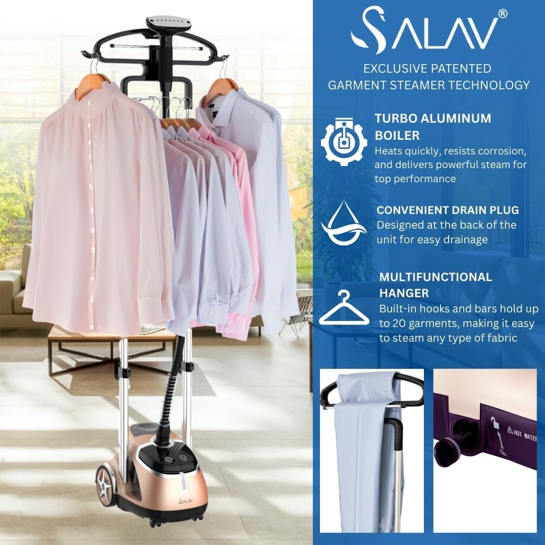 SALAV® Professional Garment Steamer for Clothes with Foot Pedal Control, Stainless Steel Steam