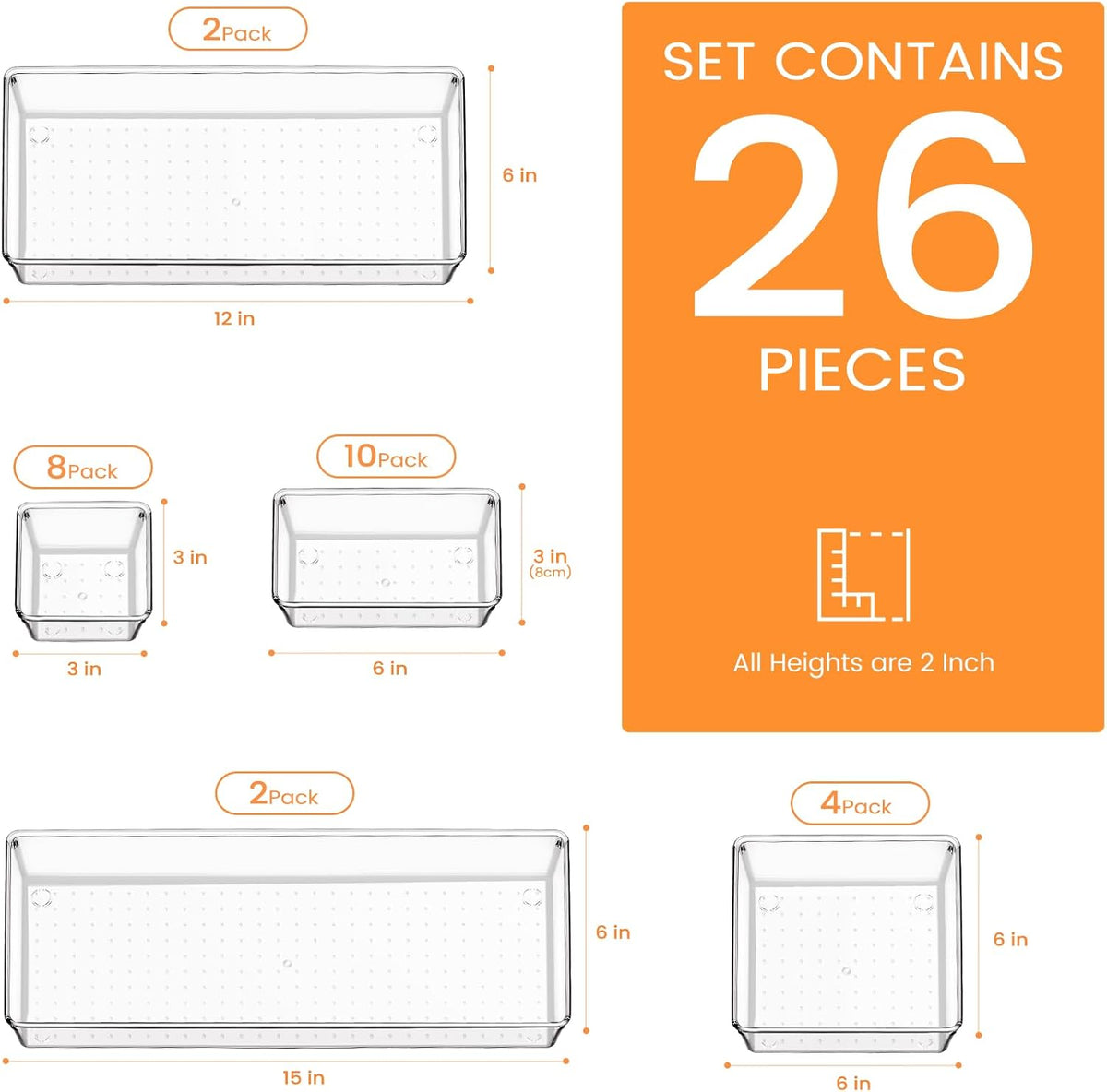 Criusia Drawer Organizer, 26 Pack Clear Plastic Drawer Organizer Bins, Versatile Organization and