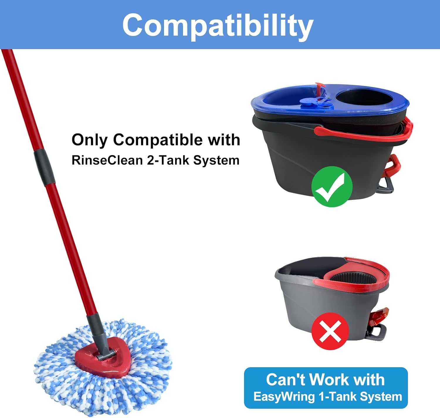 Spin Mop Replace Head, Mop Handle and Base Compatible with Ocedar RinseClean 2-Tank System, 3 Mop