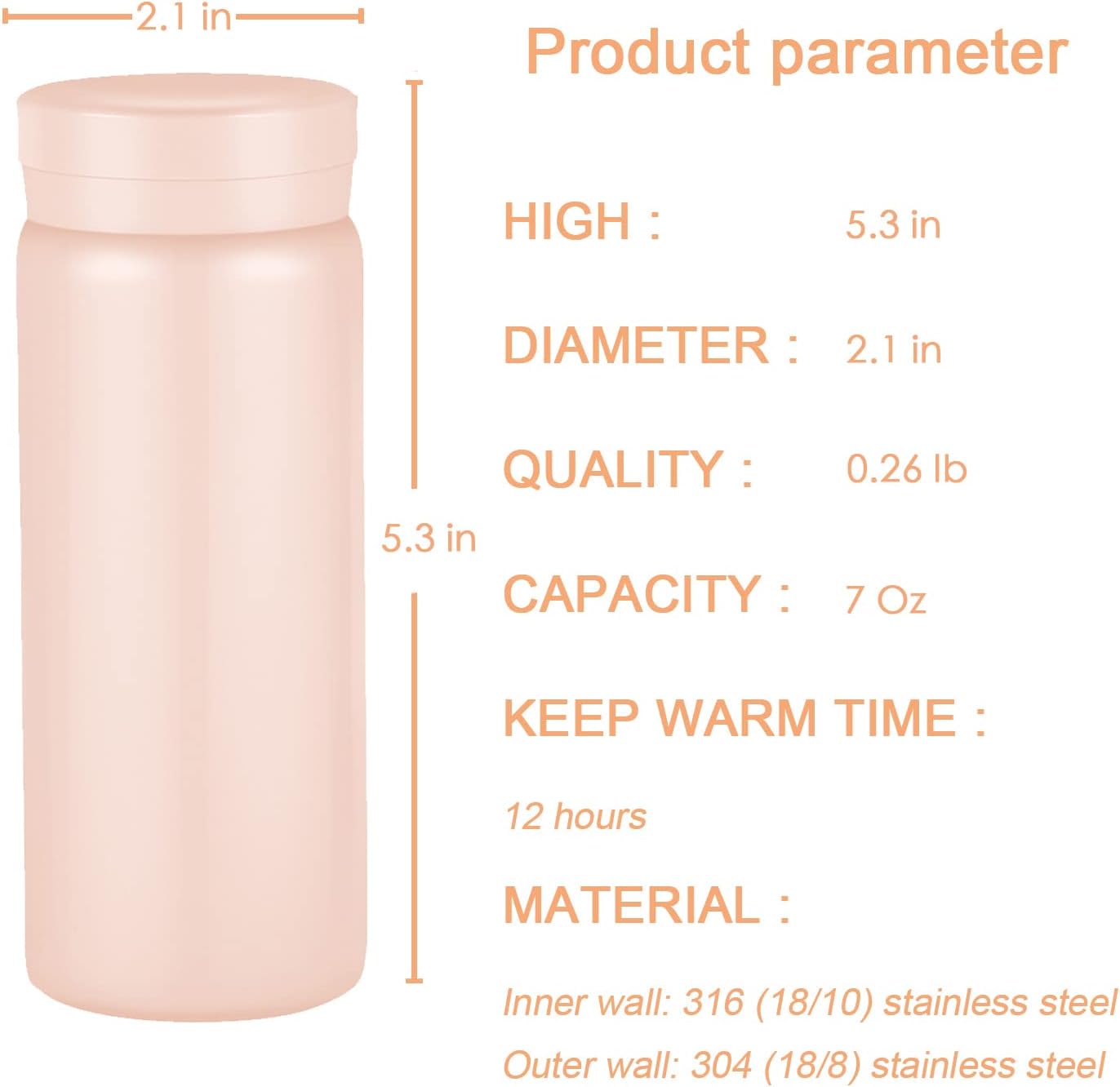 Mini Thermos Cute Water Bottle - 7 oz Tiny Insulated Vacuum 18/10 Stainless Steel Small Flask