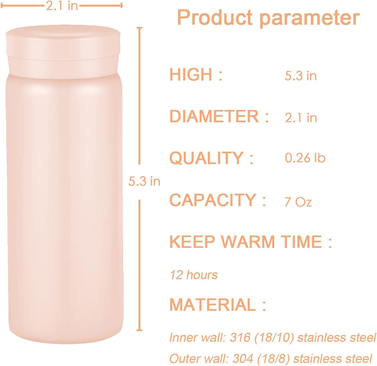 Mini Thermos Cute Water Bottle - 7 oz Tiny Insulated Vacuum 18/10 Stainless Steel Small Flask