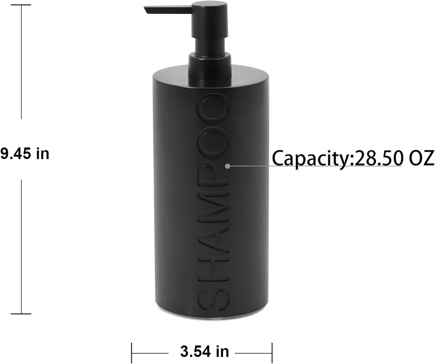 Matte Black Shampoo Dispenser Modern Refillable Pump Bottle with Embossed Text, Durable Resin