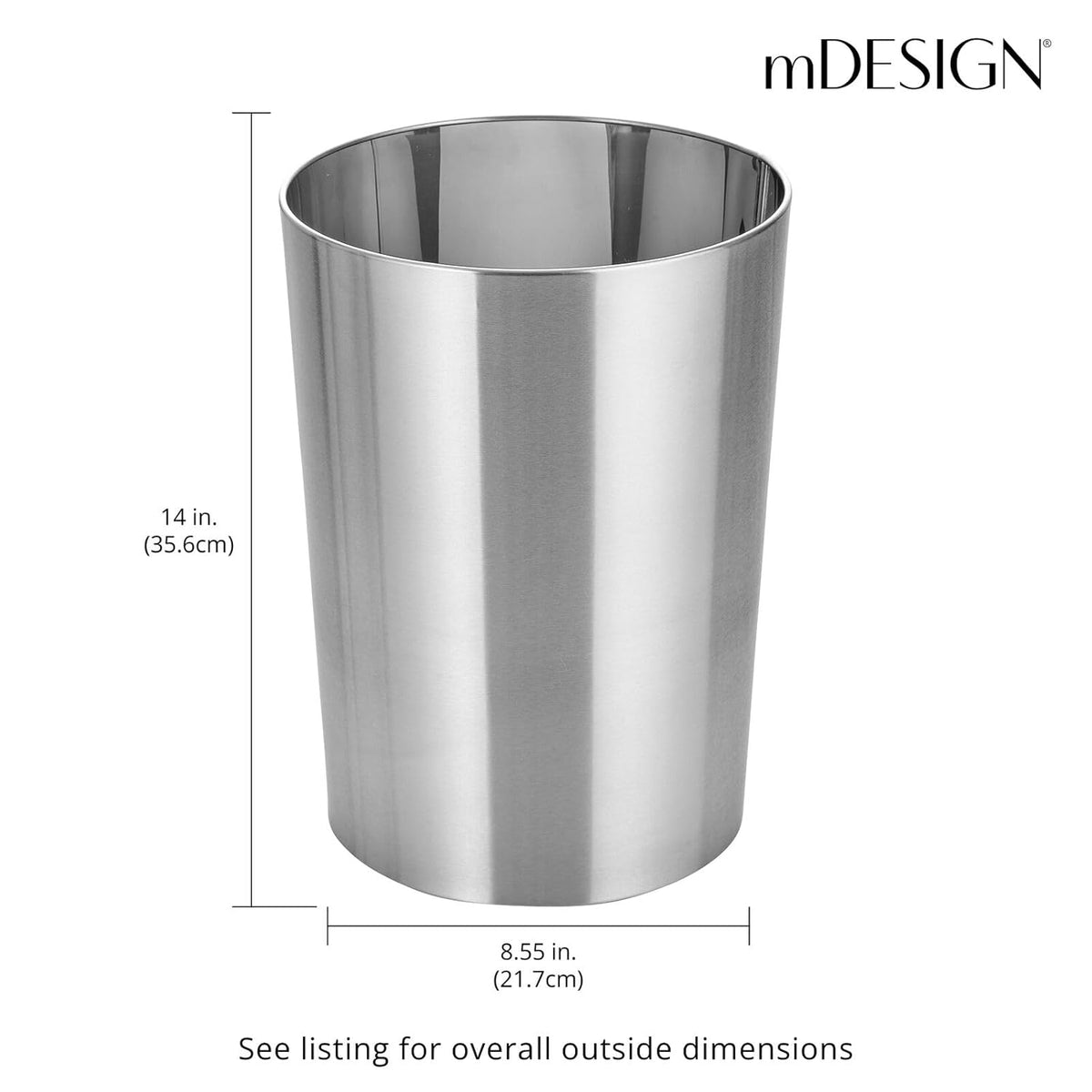 mDesign Stainless Steel Round Metal Trash Can, Small 4 Gallon Wastebasket, Garbage Basket Bin for