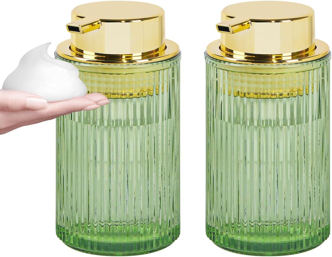 Green Foaming Soap Dispenser, 12 Oz Glass Foaming Hand Soap Dispenser with Gold Pump, Bathroom