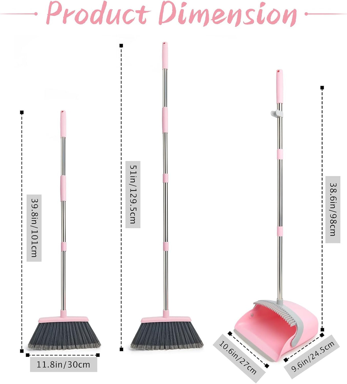 Broom and Dustpan Combo Set, Long Handle and Standing Dust Pan with Comb Teeth, Efficient Floor