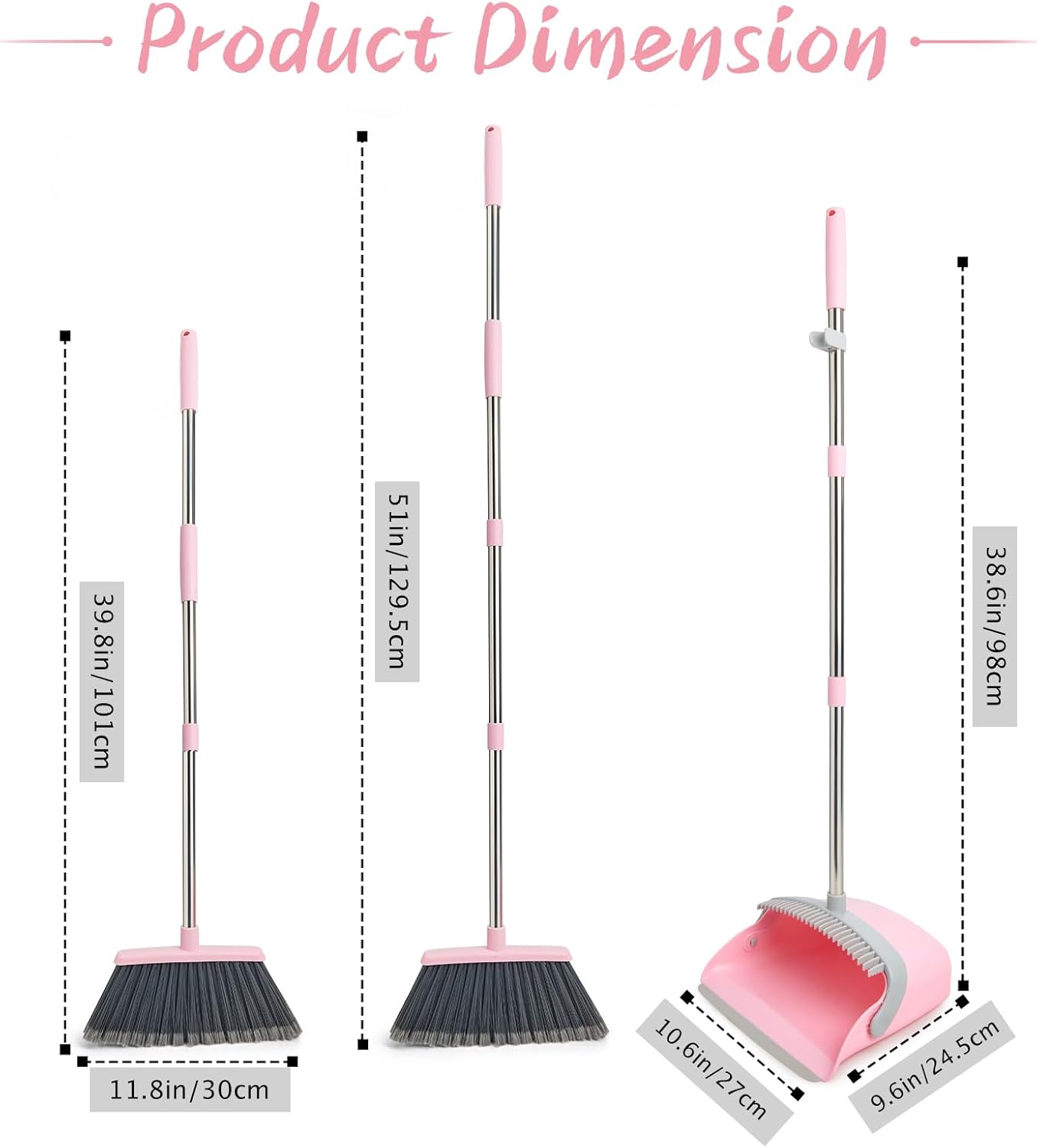 Broom and Dustpan Combo Set, Long Handle and Standing Dust Pan with Comb Teeth, Efficient Floor