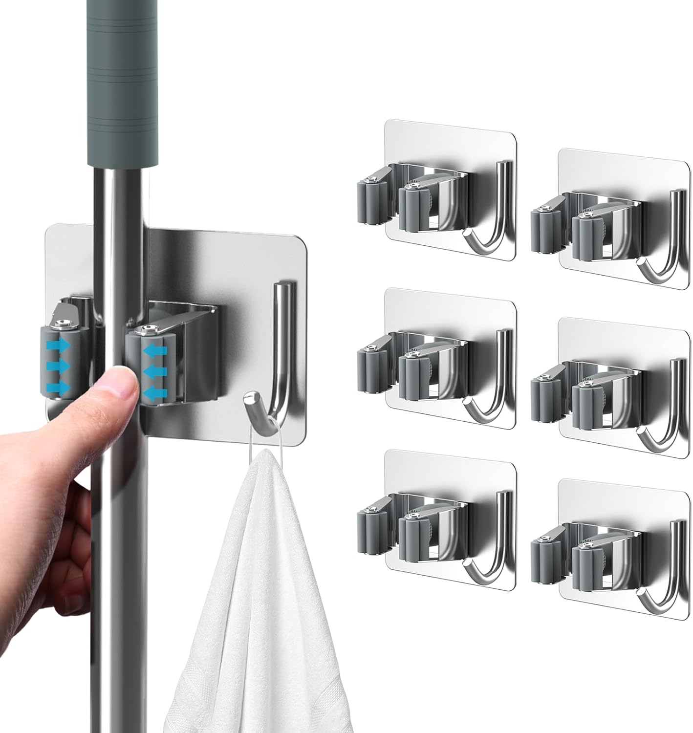 Mop Broom Holder No Drill, Mop Broom Organizer Wall Mounted Heavy Duty with Hooks Hanger, Self
