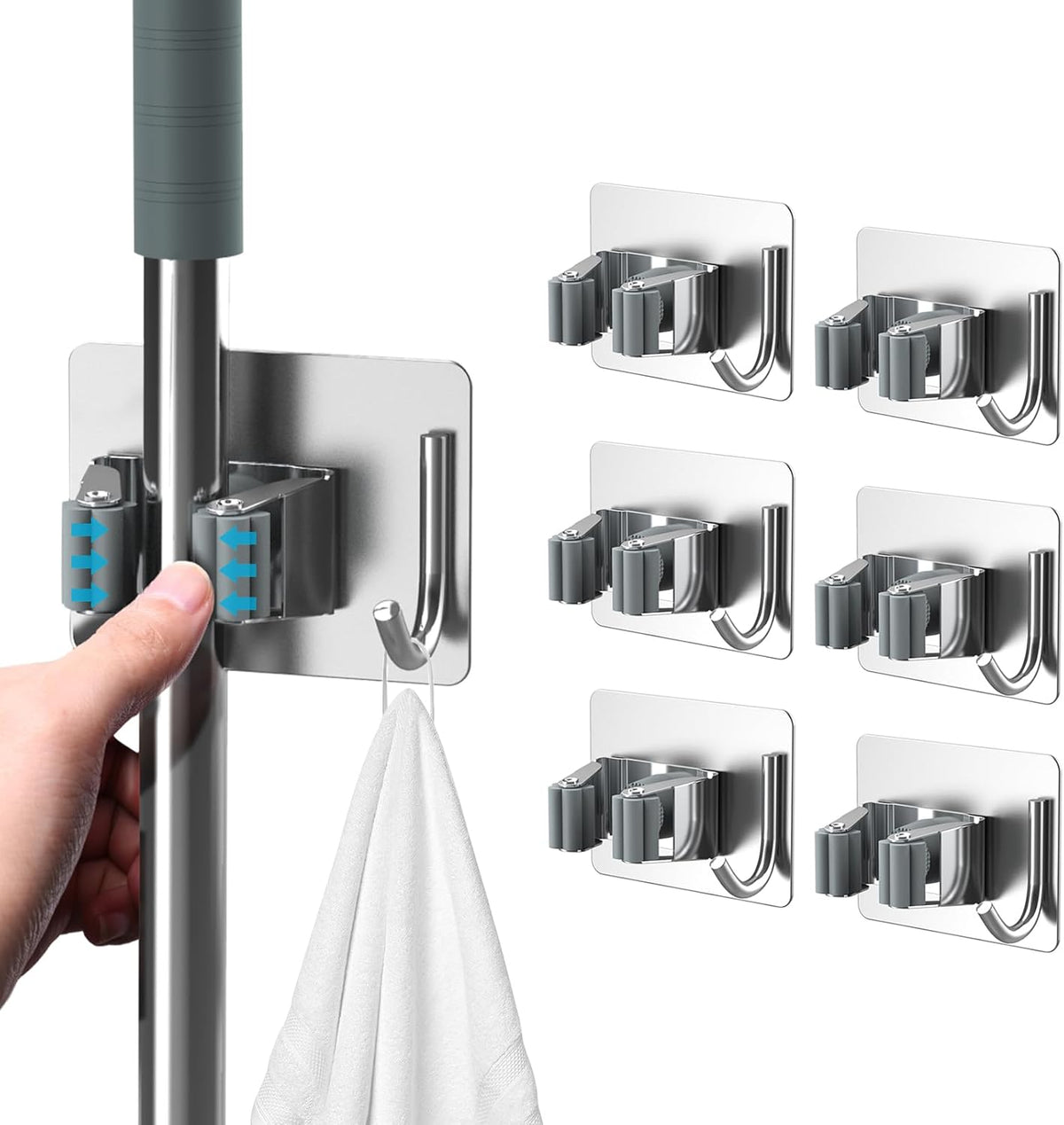 Mop Broom Holder No Drill, Mop Broom Organizer Wall Mounted Heavy Duty with Hooks Hanger, Self
