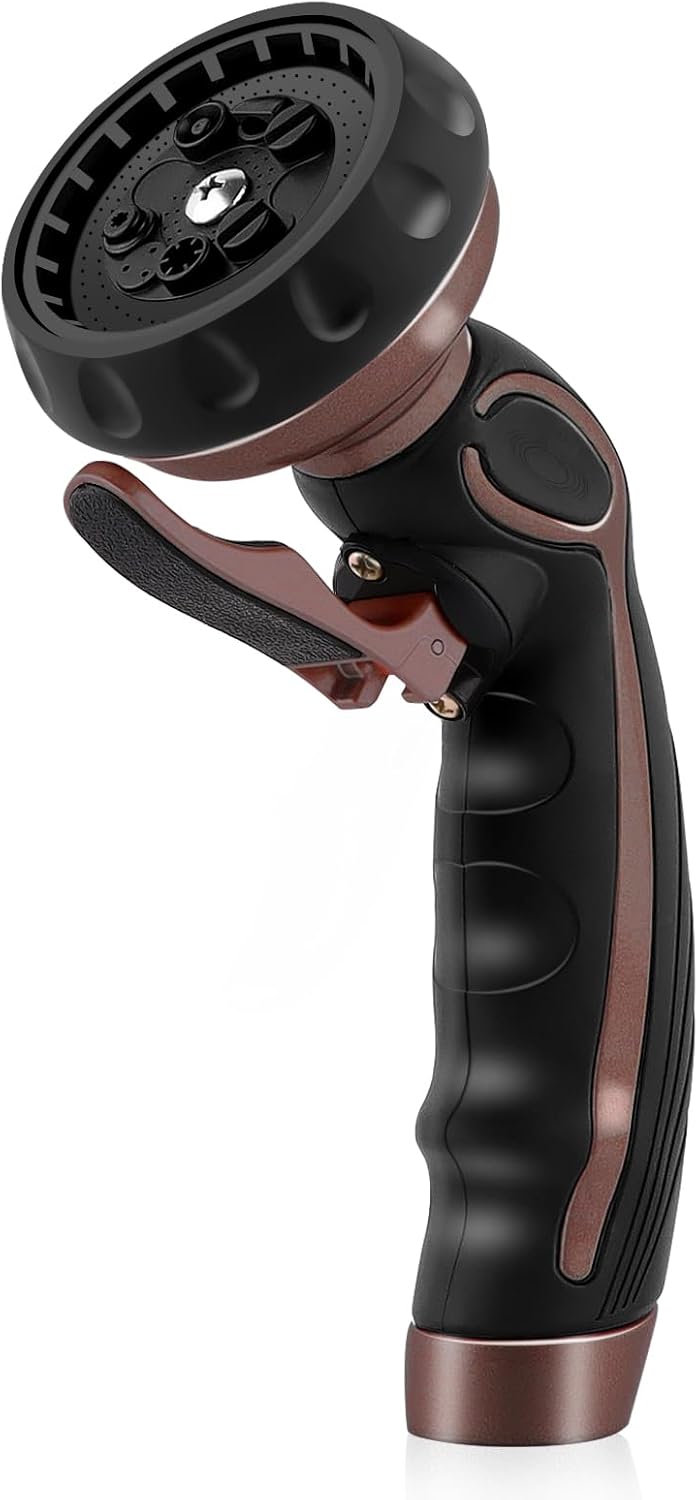 RESTMO Hose Nozzle with Easy Self-Lock Trigger, Heavy Duty Metal Water Hose Sprayer with 9 Spray