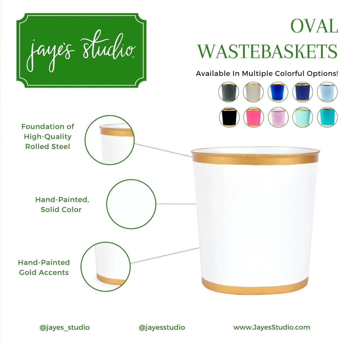 Jaye’s Studio Mattie Oval Wastebasket – Handpainted Pink Trash Can For Bathroom Office, Vanity, or
