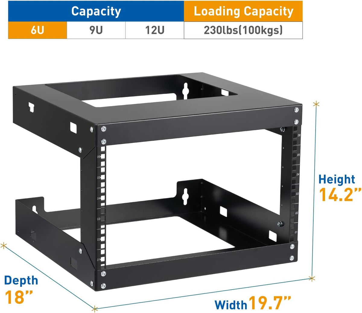 6U Wall Mount Rack Open Frame 19 Inch Server Equipment Network Cabinet 18 inches Depth Black by