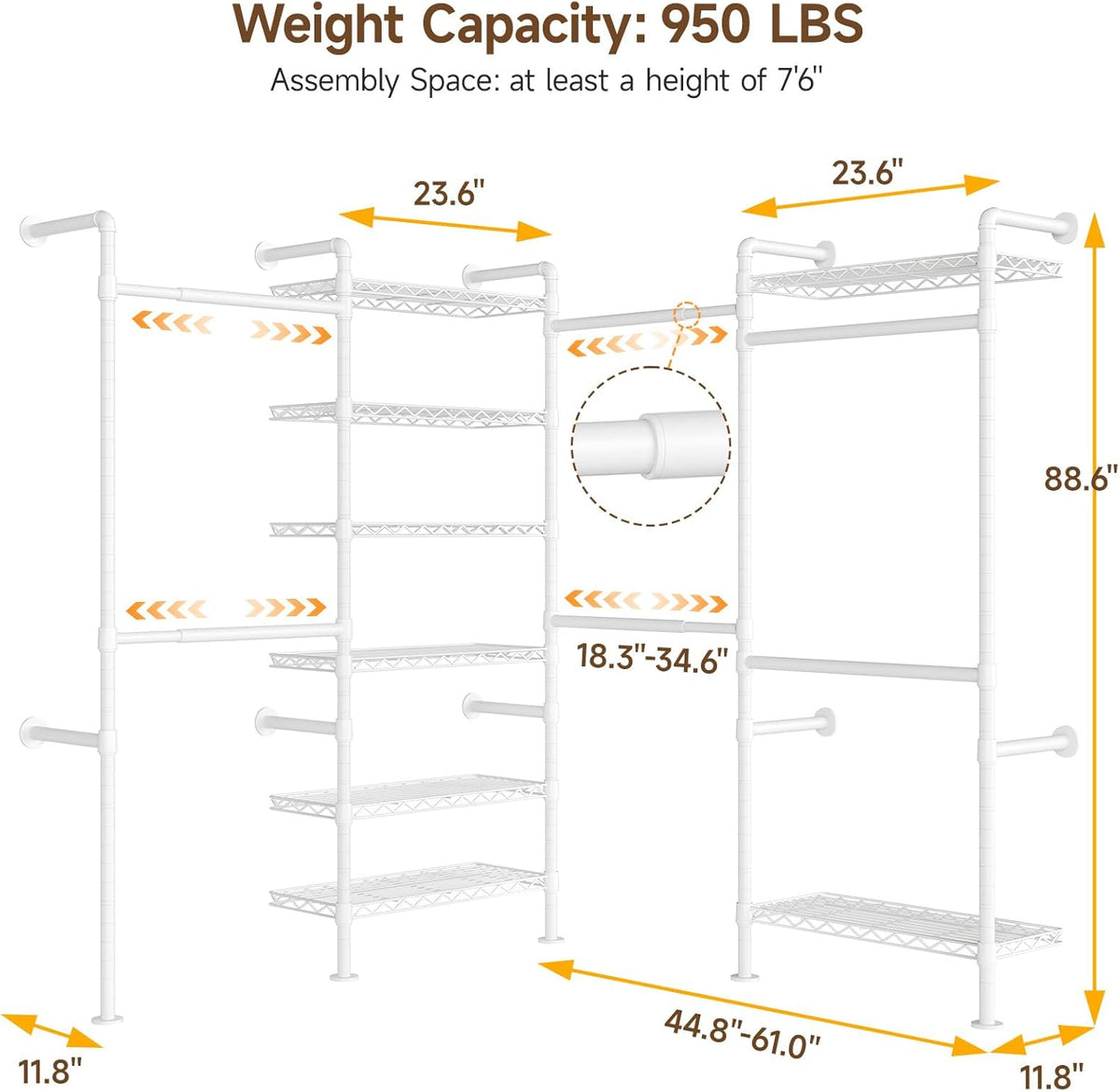 ONBRILL L4 Wall Mounted Industrial Pipe Clothing Rack, Closet Organizer System with 6 Hanging