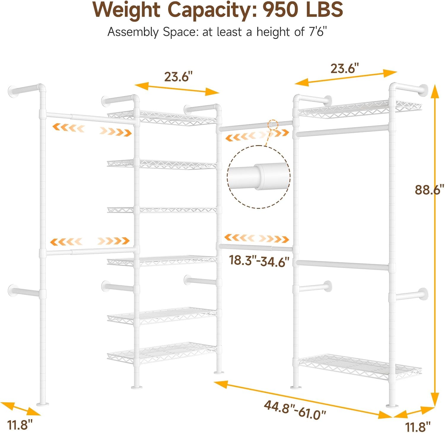 ONBRILL L4 Wall Mounted Industrial Pipe Clothing Rack, Closet Organizer System with 6 Hanging