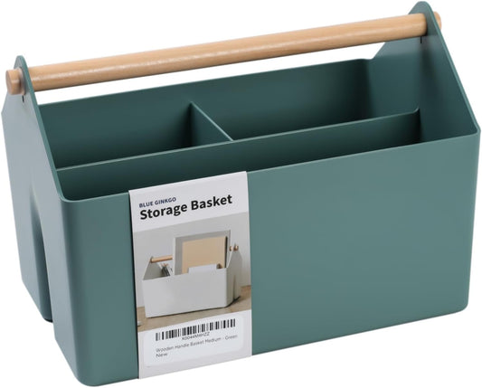 BLUE GINKGO Medium Storage Basket – Plastic Caddy with Wooden Handle for Office, Arts & Crafts, or