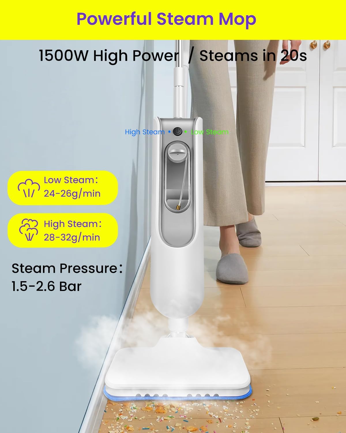 Steam Mop for Floor Cleaning, Effortless Ergonomic Design Floor Steamer for Hardwood and Tile