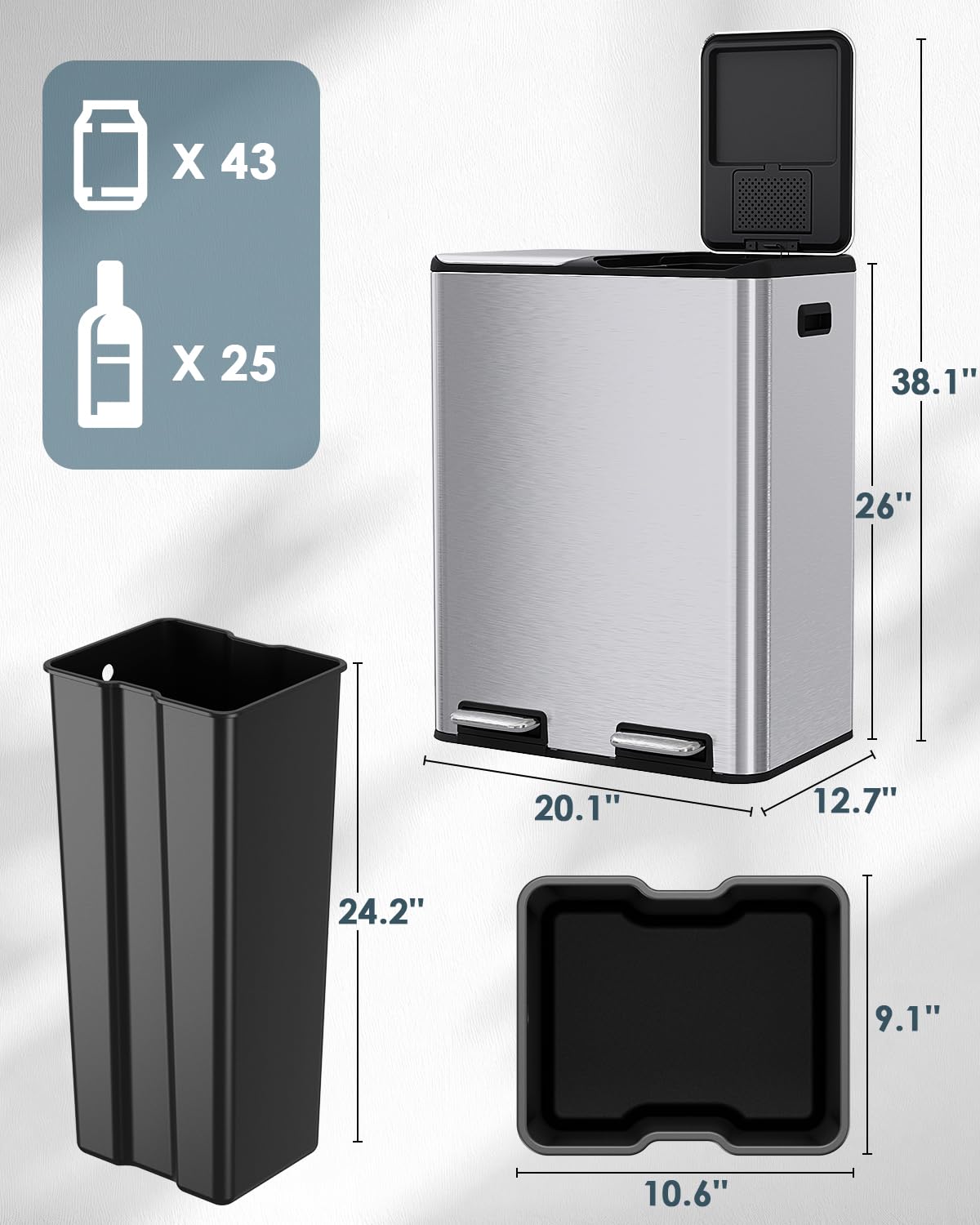 Arlopu 16Gal Dual Trash Can w/2 Built-in Box for Odor Control, Hands-Free Kitchen Garbage Bin