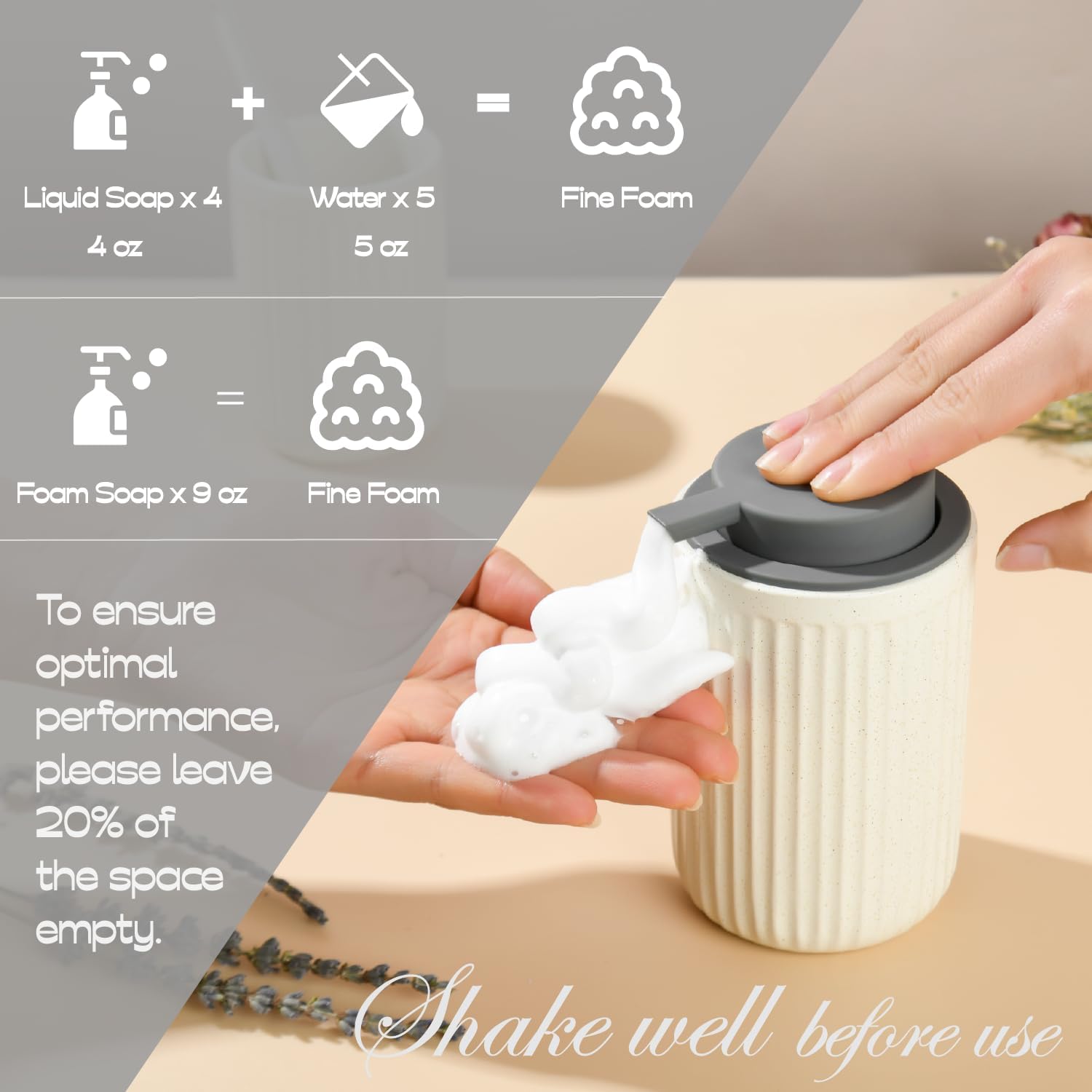 Beige Ceramic Foaming Soap Dispenser, Speckled Rippled 12 oz Bottle with Gray Silicone Pump, Foam