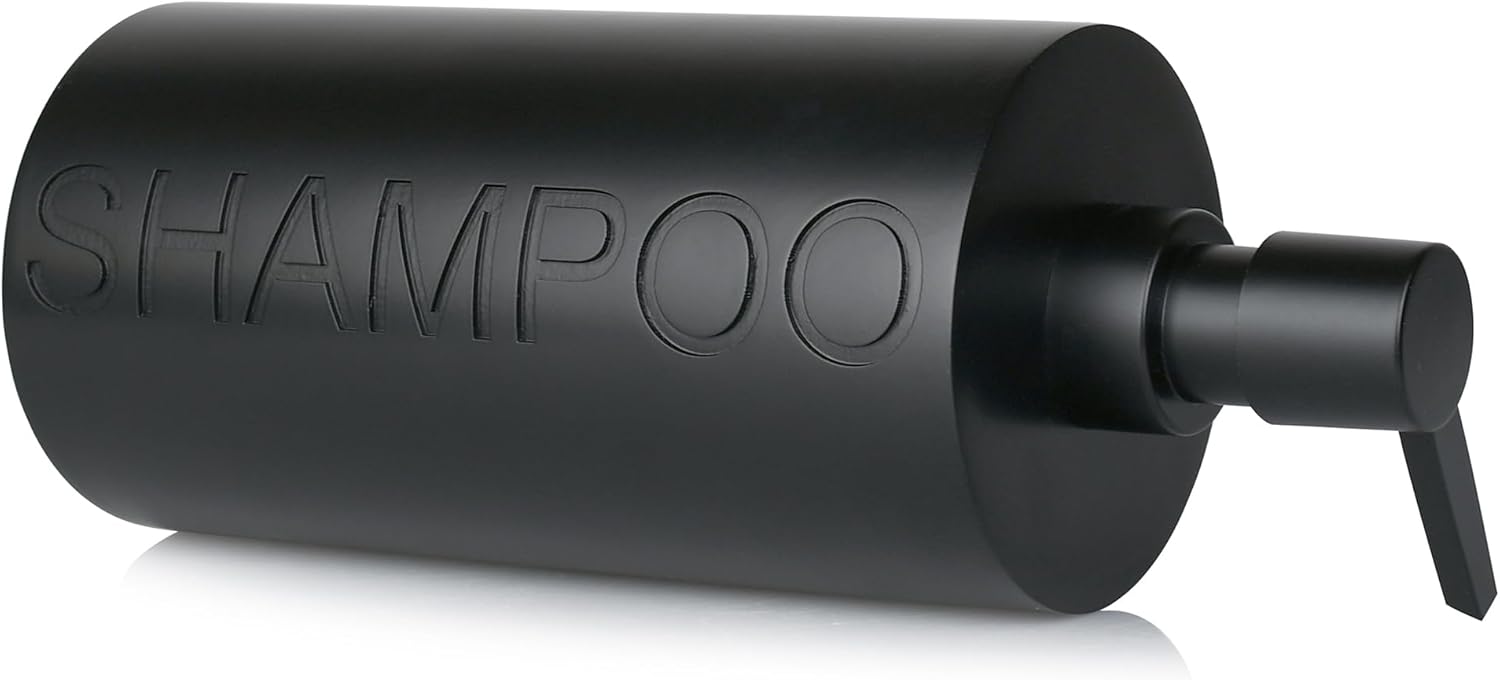 Matte Black Shampoo Dispenser Modern Refillable Pump Bottle with Embossed Text, Durable Resin