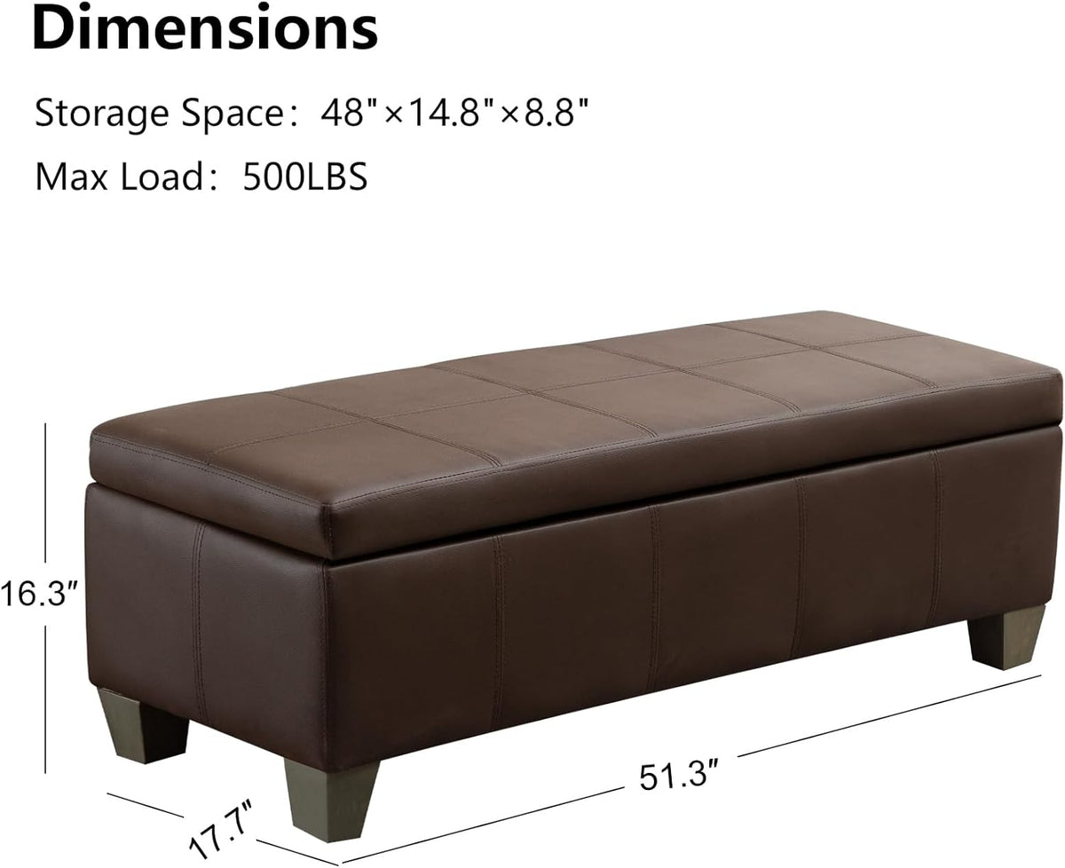 51 Inch Brown Faux Leather Ottoman with Storage, Rectangular Extra Long Bench, End of Bed Bench