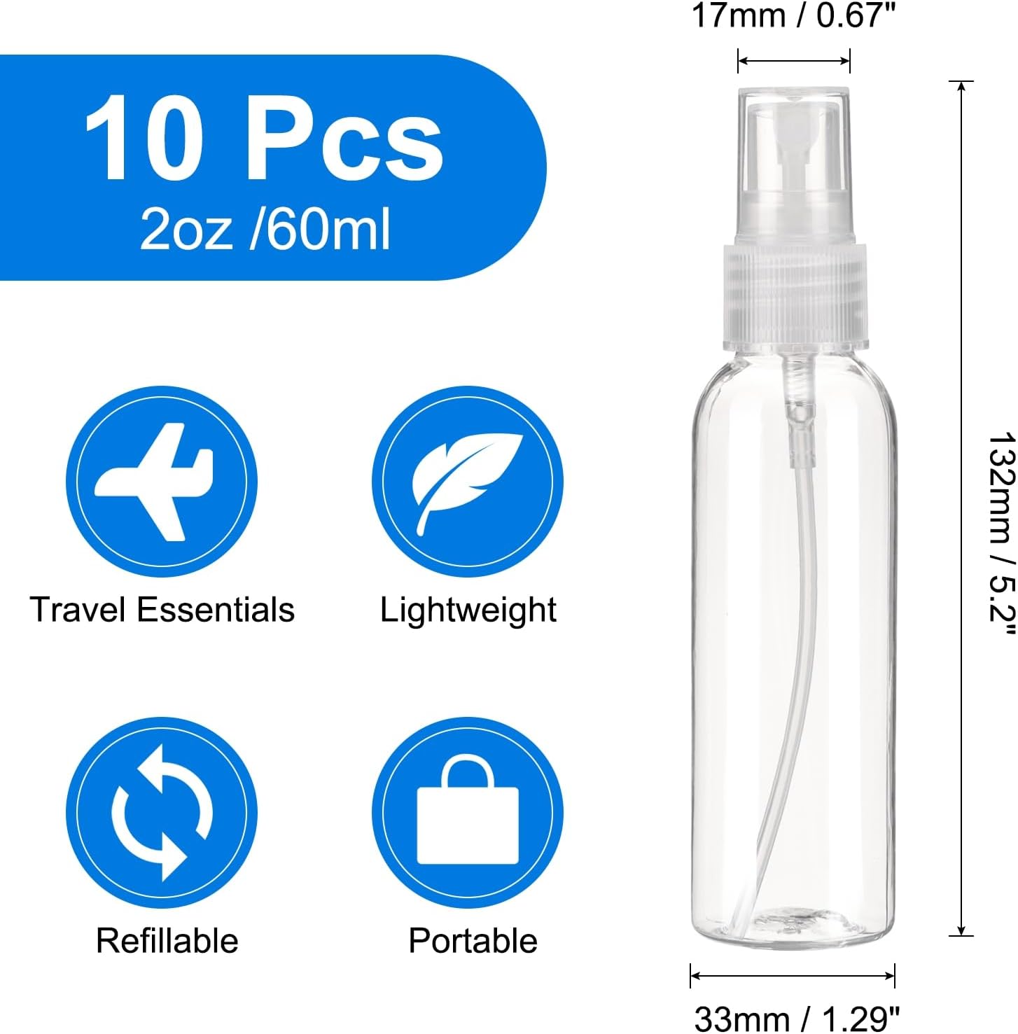 uxcell 10Pack Spray Bottles, 2Oz/60ML Reusable Clear Empty Mist Plastic Mini Travel Bottle