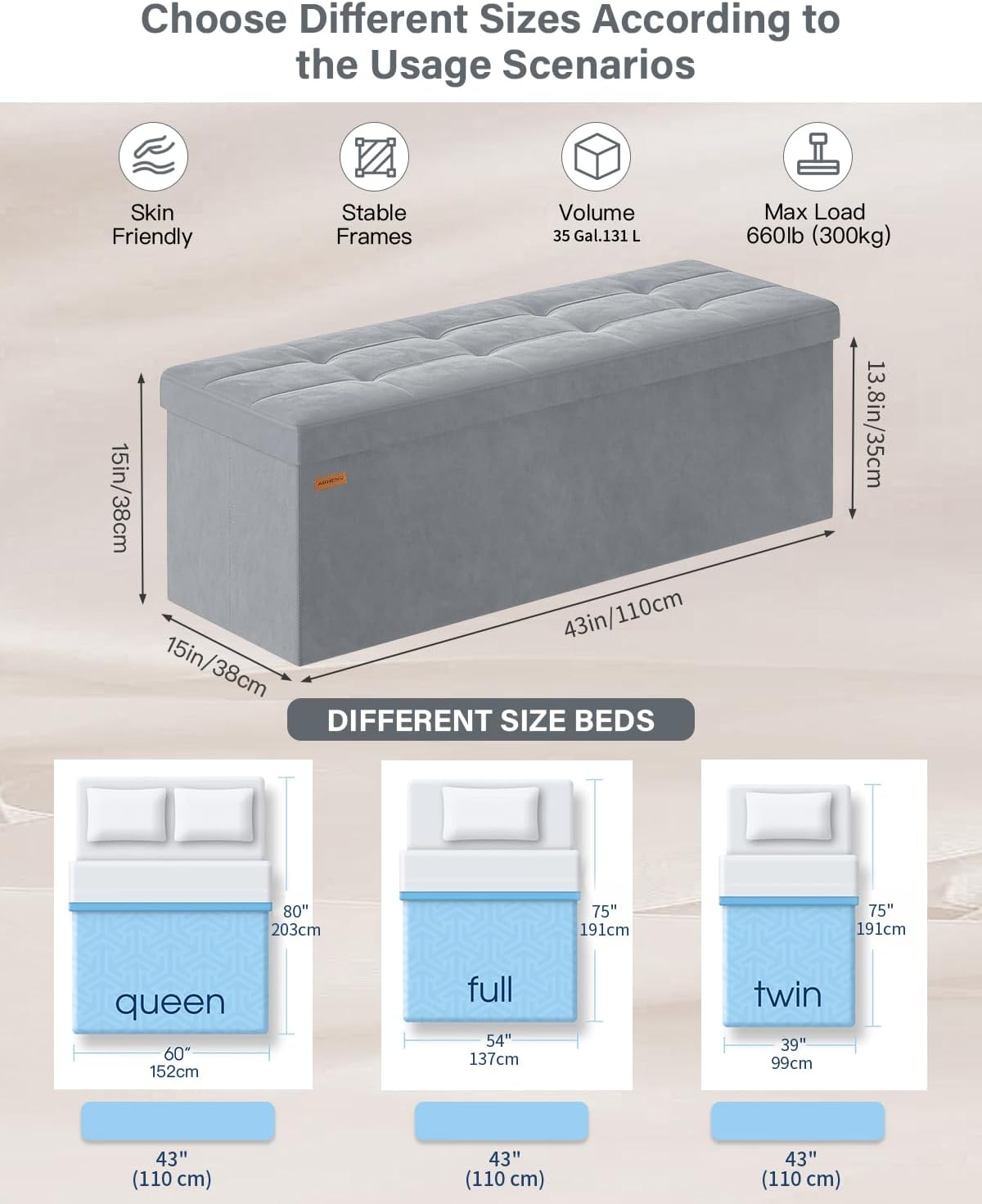 Folding Storage Ottoman, Velvet Storage Bench, Footrest, Removable Divider, for Living Room