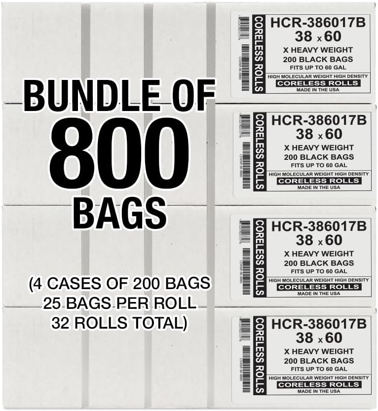 Aluf Plastics High Density Trash Bags, 60 Gallon, 800 Count, 17 Micron (eq), 38" x 60", Black, for
