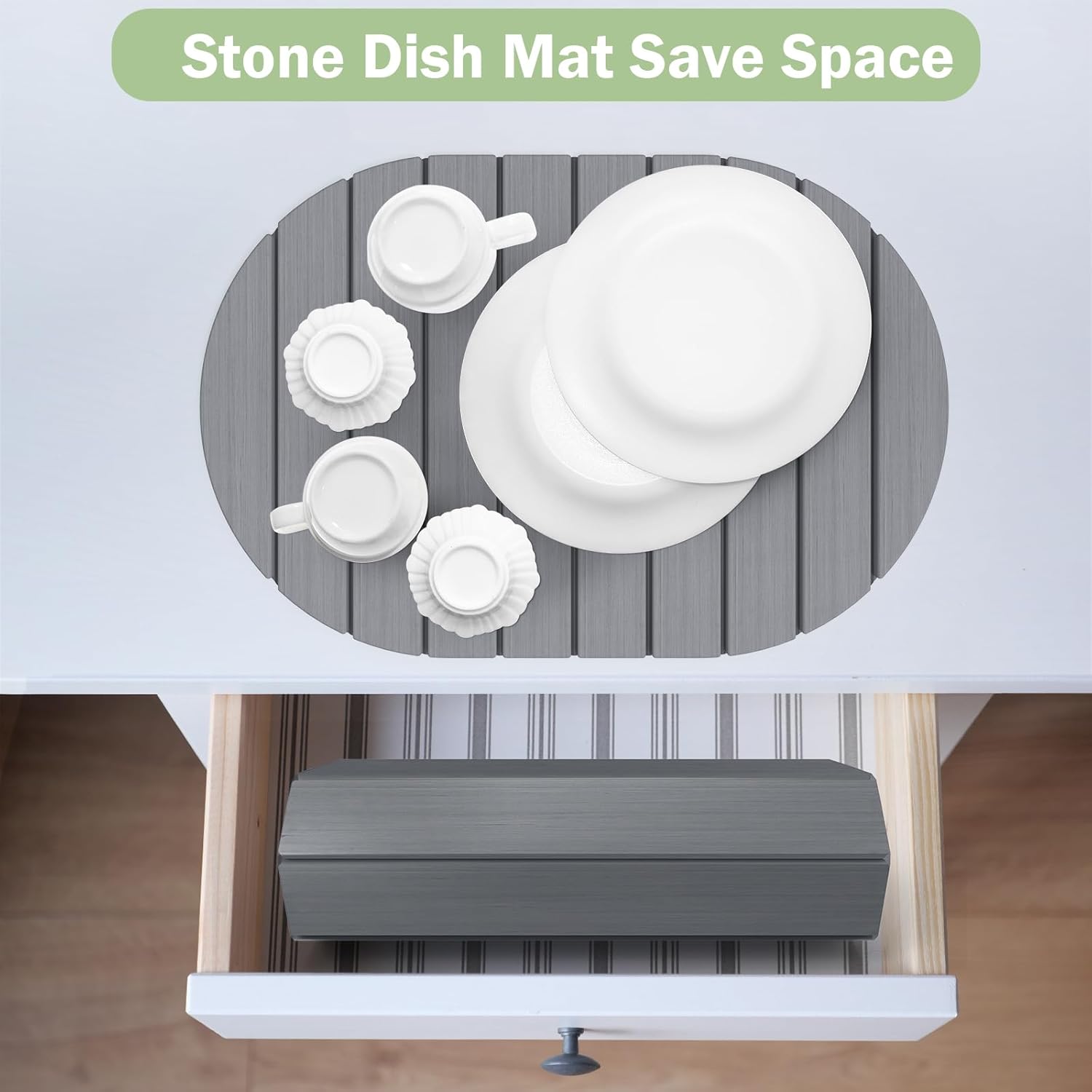 Stone Dish Drying Mat for Kitchen Counter,24"(L)×16"(W) Collapsible Fast-Drying Diatomaceous Earth