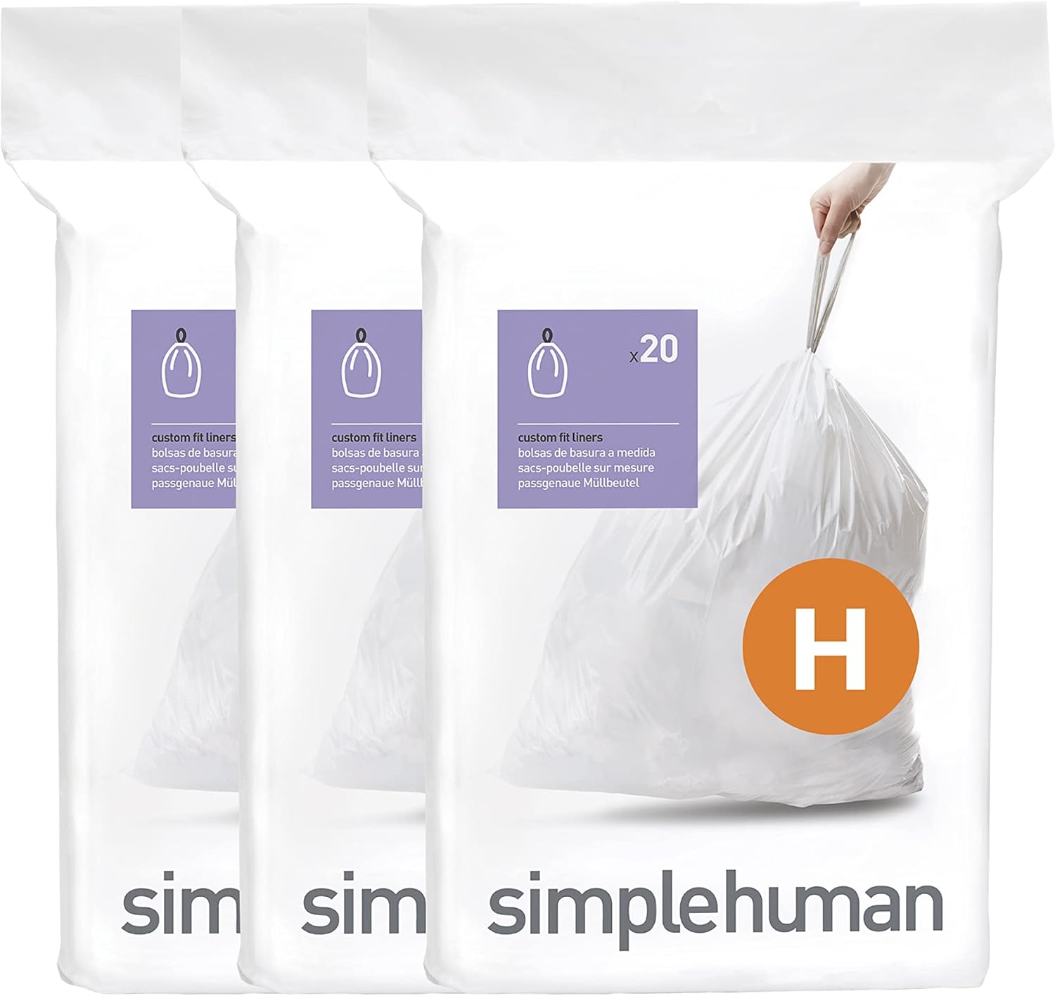 simplehuman Code H 60 Count, Dispenser Pack Custom Fit Liners, Drawstring Trash Bags, 30-35 Liter /