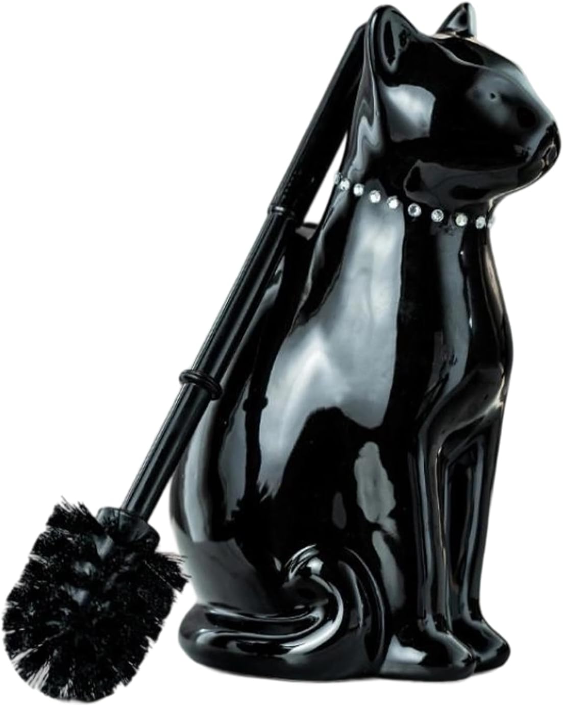 Comeon Ceramic Cat White/Black Toilet Brush and Holder Set, Plastic Handled Scrub Brush for