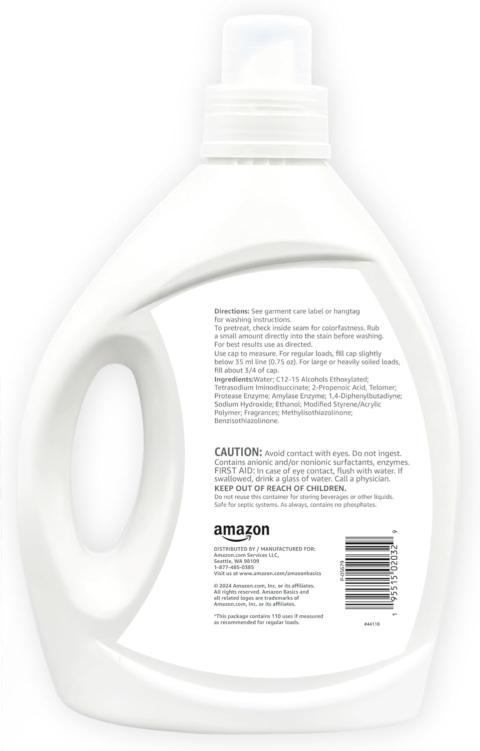 Amazon Basics Concentrated Liquid Laundry Detergent, Free of Perfumes & Clear of Dyes, 110 loads