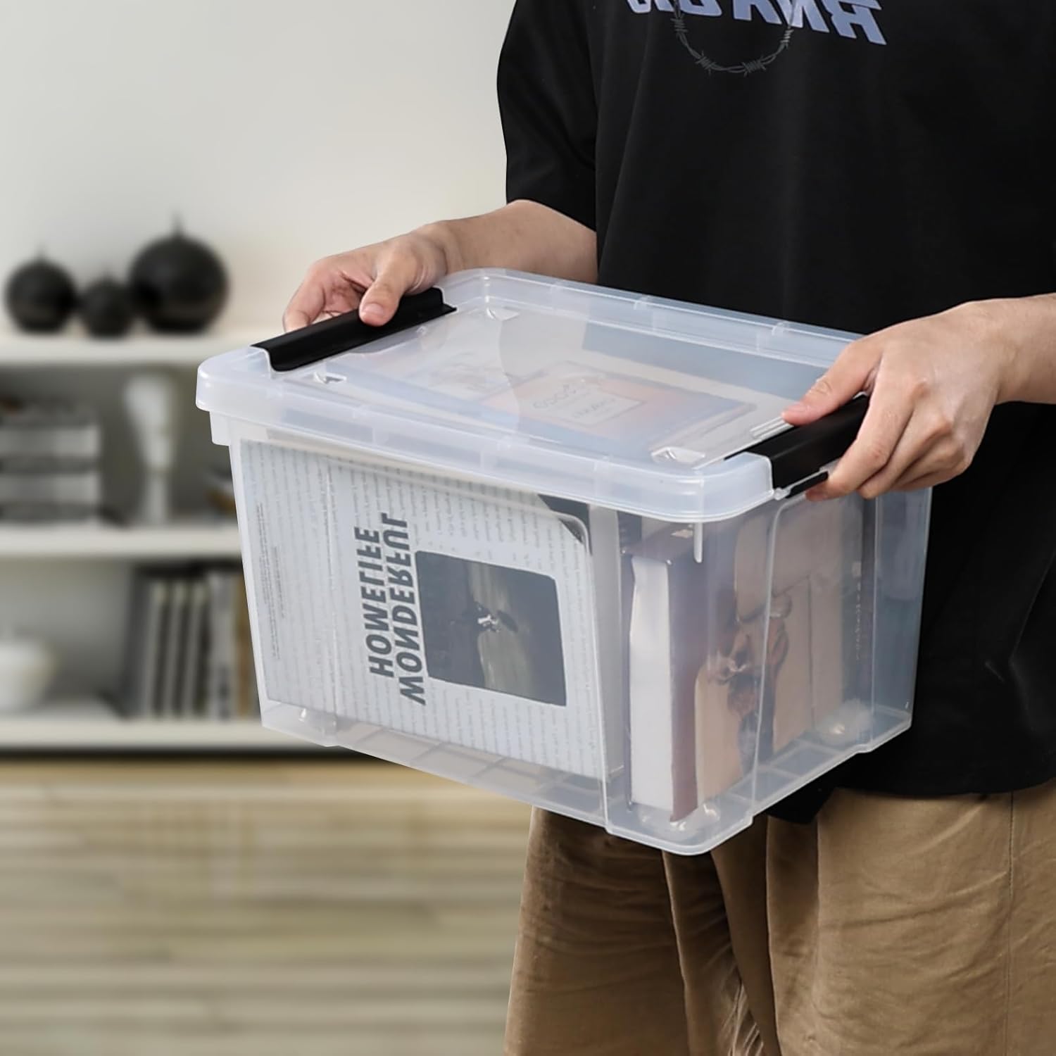 23 L Clear Plastic Storage Box with Lid, Stackable Lidded Storage Bin Container with Wheels and