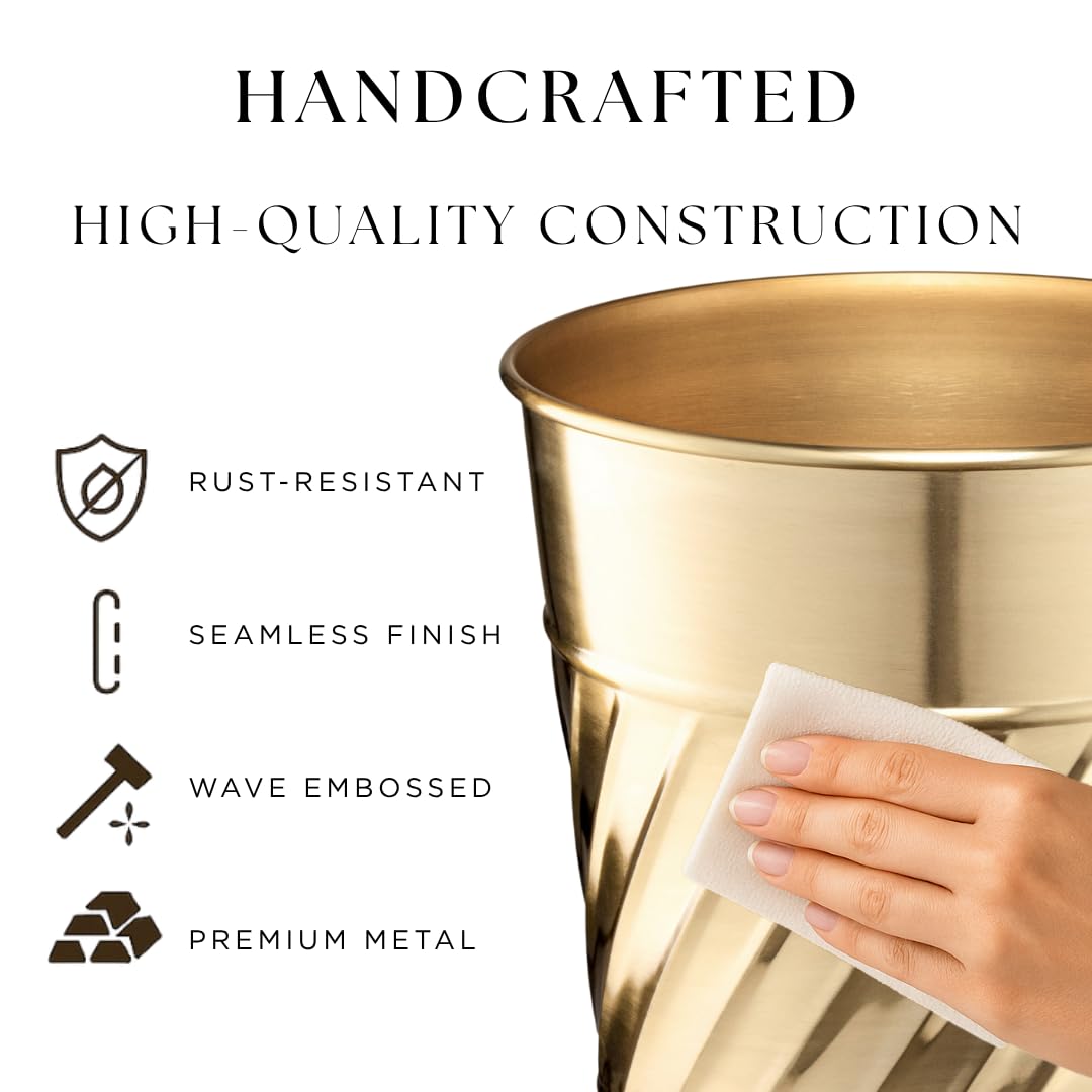 Monarch Abode Brushed Gold Handcrafted Wave Embossed Metal Wastebasket for Home Office, Decorative