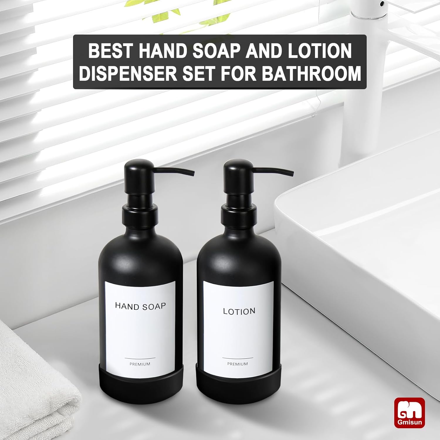 GMISUN Black Soap Dispenser with Silicone Sleeve Boot, 2 Pack Glass Bathroom Hand Soap Dispensers