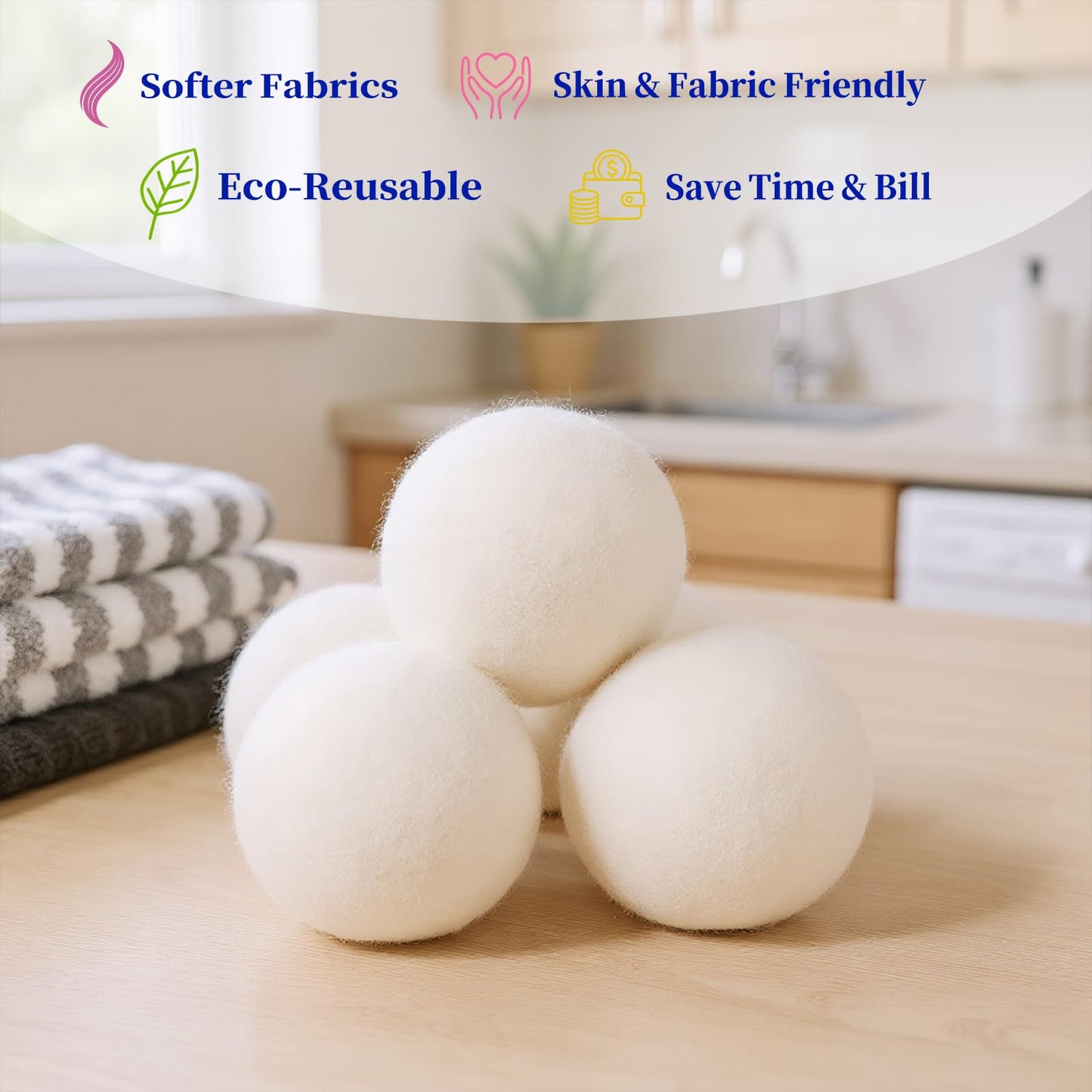 Wool Dryer Balls 6-Pack L - Natural Reusable Laundry Fabric Softener, Reduces Wrinkles & Drying