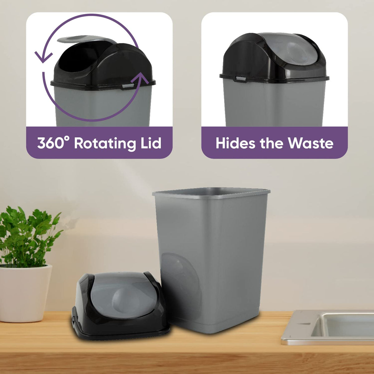 Superio Mini Plastic Trash Can with Swing Top Lid 1.25 Gallon Compact Small Waste Bin Portable
