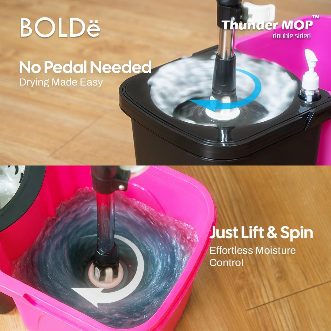 Thunder Mop Spin System - 2 Compact Stackable 6L Buckets, Microfiber Head, Stainless Steel Wringer