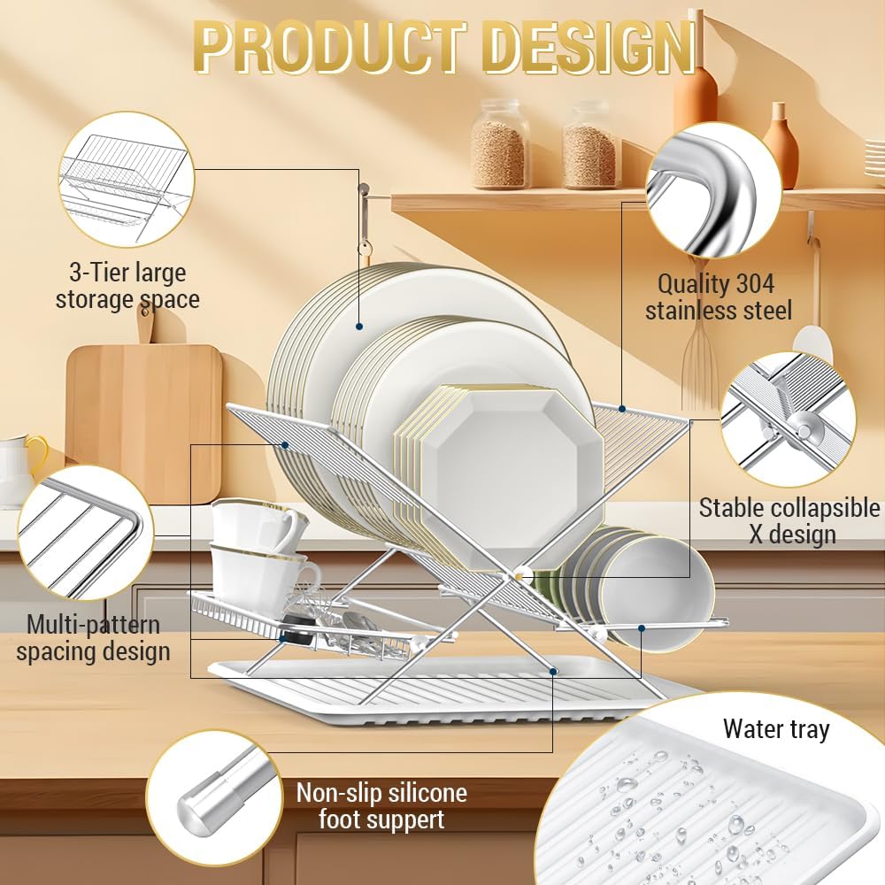 Dish Drying Rack with Drip Tray, 3 Tier Collapsible Stainless Steel Dish Drainer, Plate Rack Holder