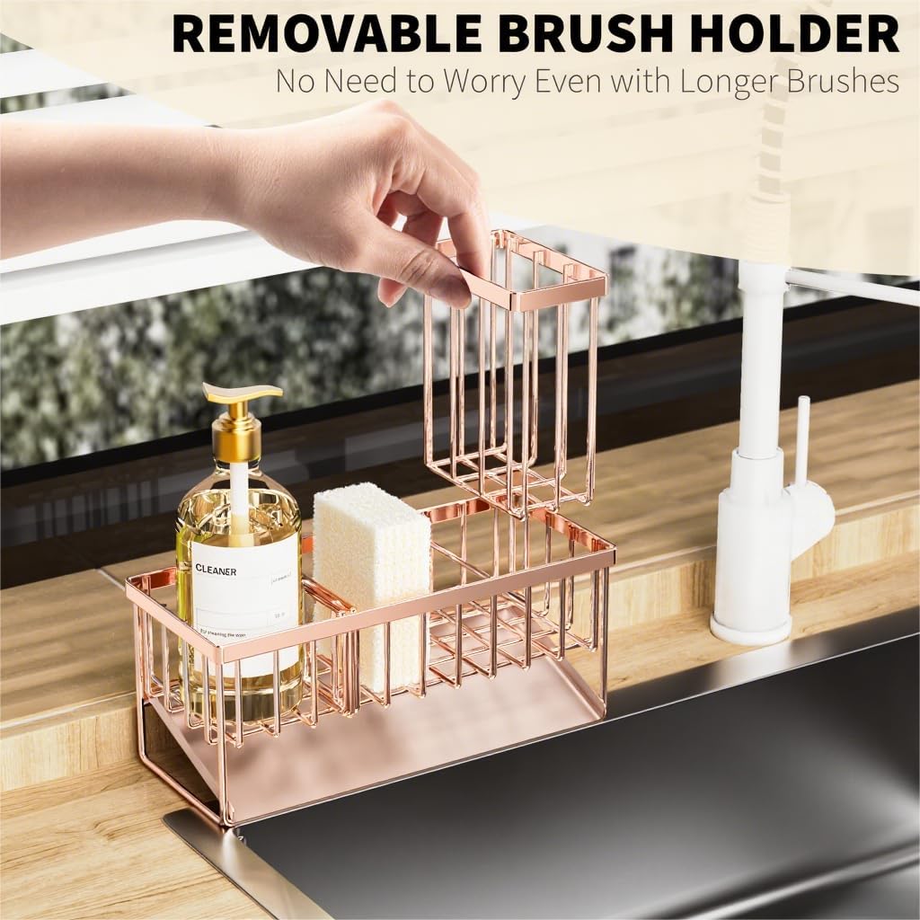 Cisily Sink Caddy Organzier with High Brush Holder, Sponge Holder for Sink, 304 Rustproof