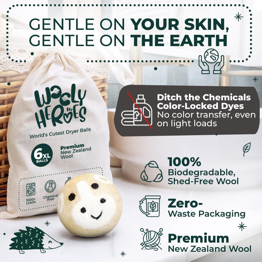 No More Dryer Sheets! Reusable Wool Dryer Balls XL 6-Pack - Reduces Static, Cuts Dry Time, &