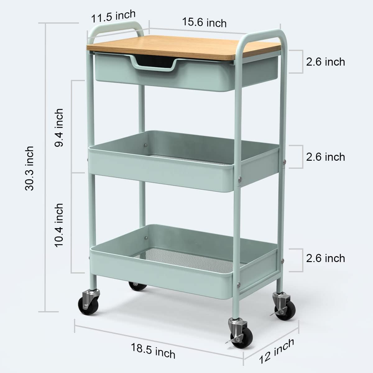 3 Tier Rolling Cart, Utility Cart with Drawer and Table Top, Metal Rolling Kitchen Storage