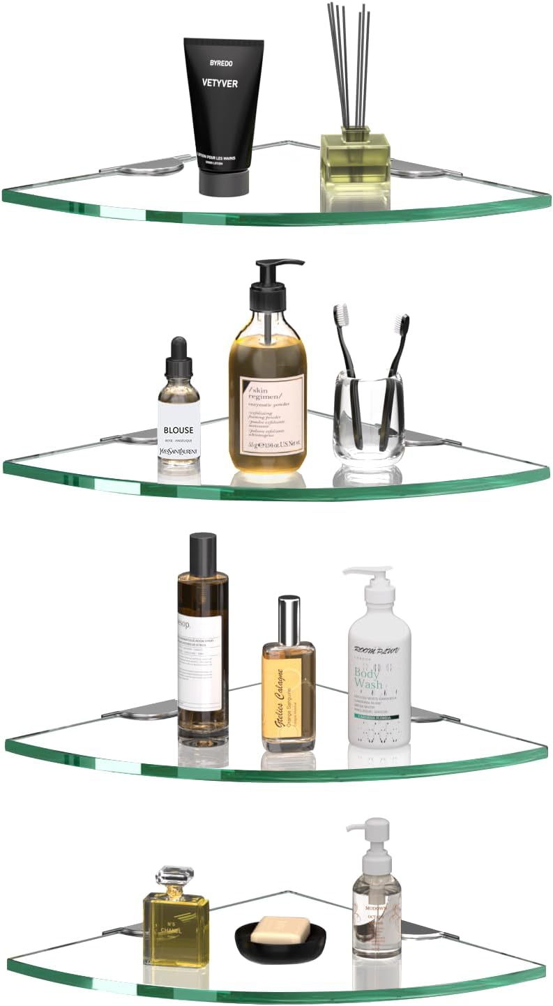 Corner Glass Shower Caddy 4 Pack 8MM-Thick Tempered Glass Shelf No Drilling Wall Mount Corner