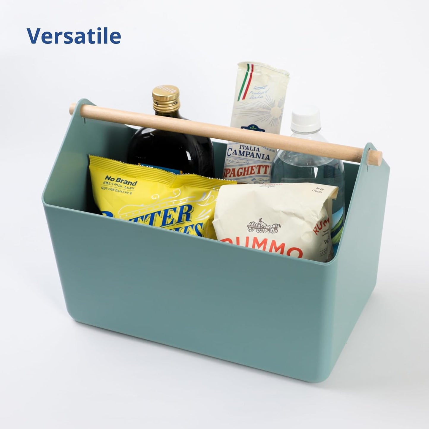 BLUE GINKGO Large Storage Basket – Plastic Caddy with Wooden Handle for Bathroom, Pantry, or