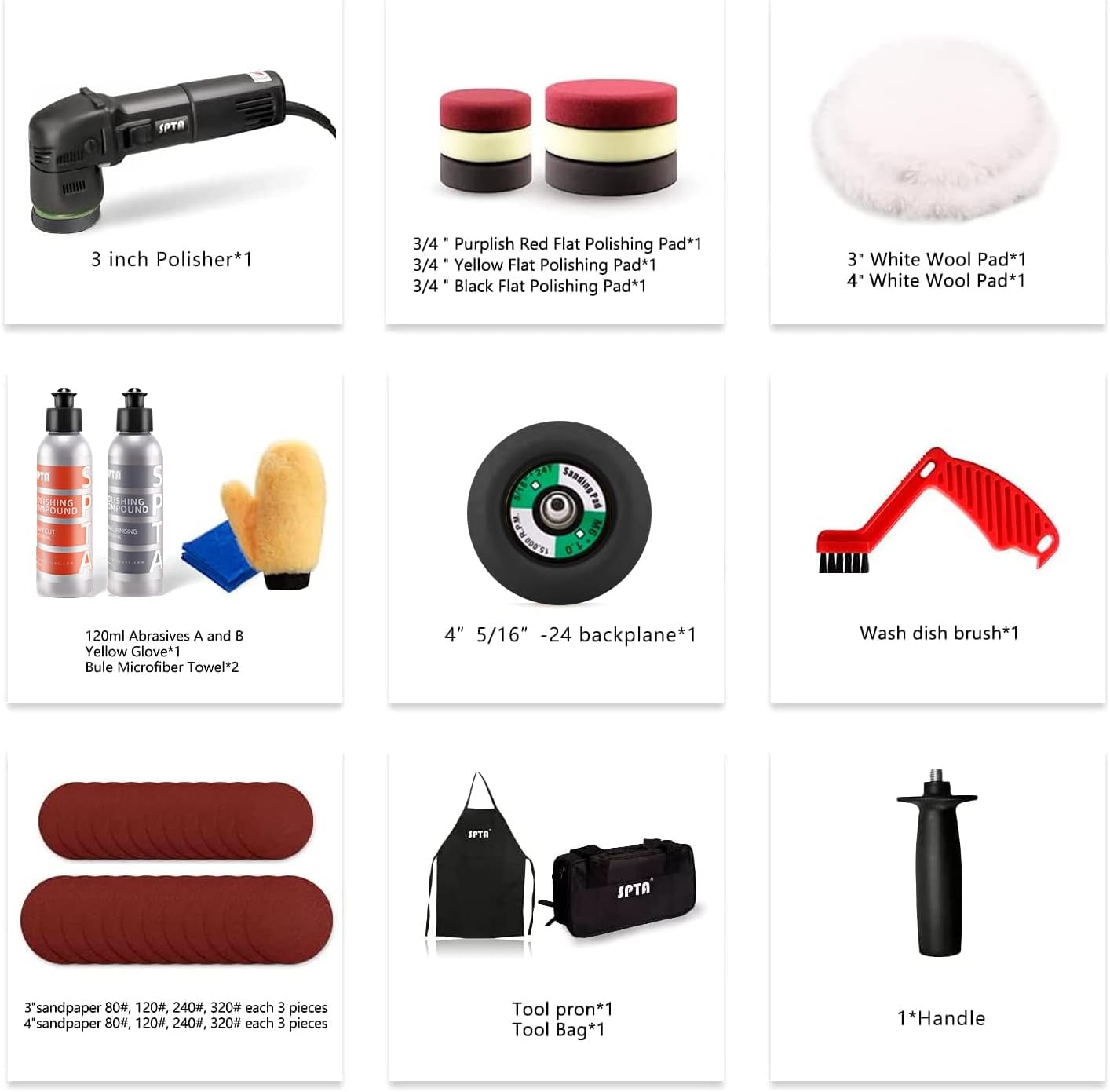 SPTA Mini Orbital Polisher - 3 Inch 10mm/780W Variable Speed Dual Action With Polishing Pads