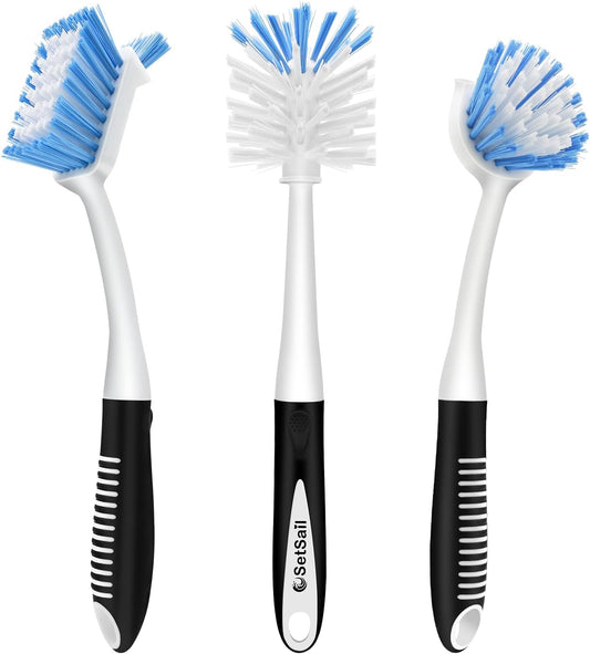 SetSail Dish Brush Set of 3 with Bottle Brush, Dish Scrub Brush with Long Handle Deep Cleaning