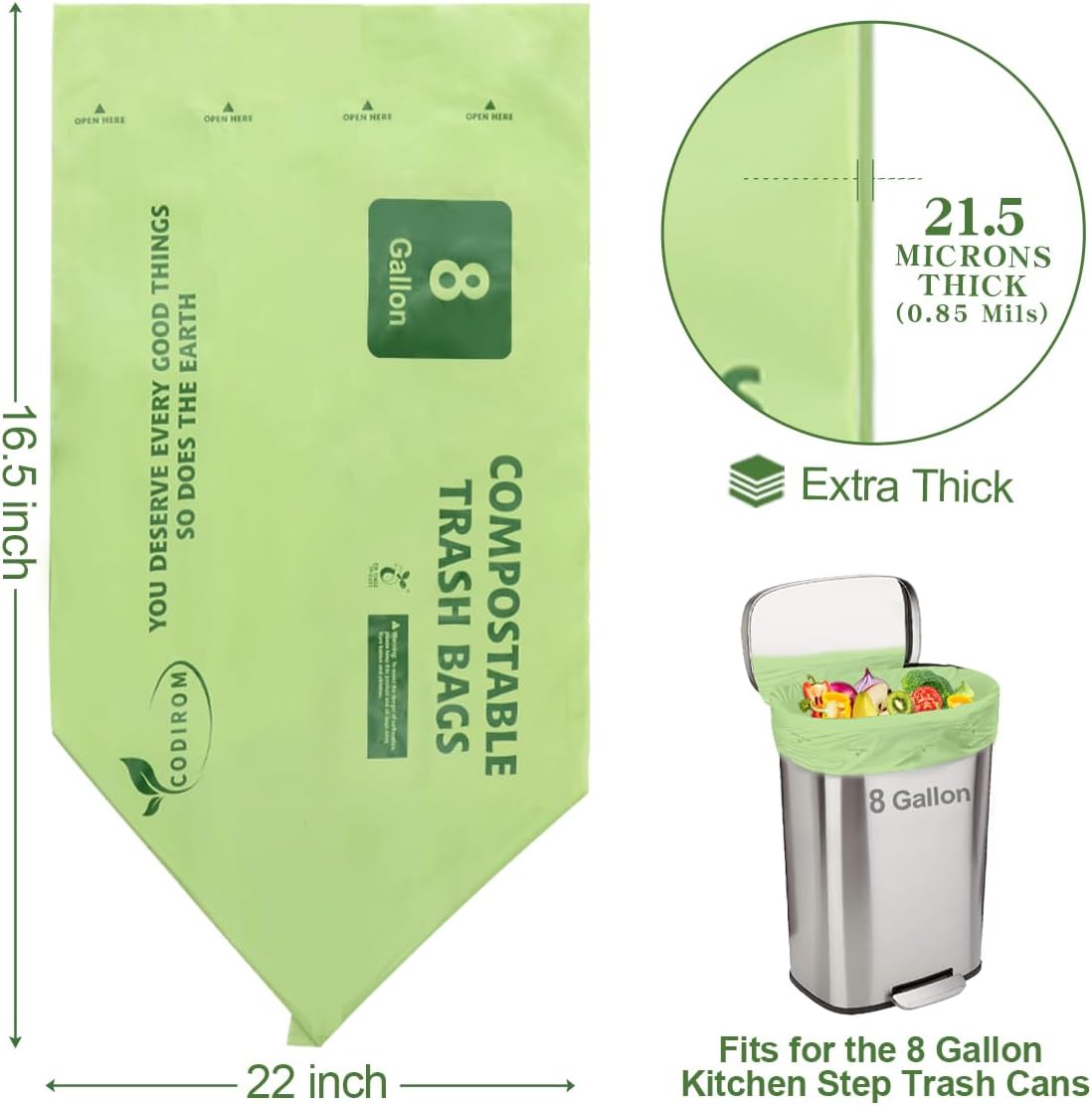 100% Compostable Trash Bags, 8 Gallon, 30 Liter, 0.85 Mils, 70 Count Large Kitchen Food Scrap