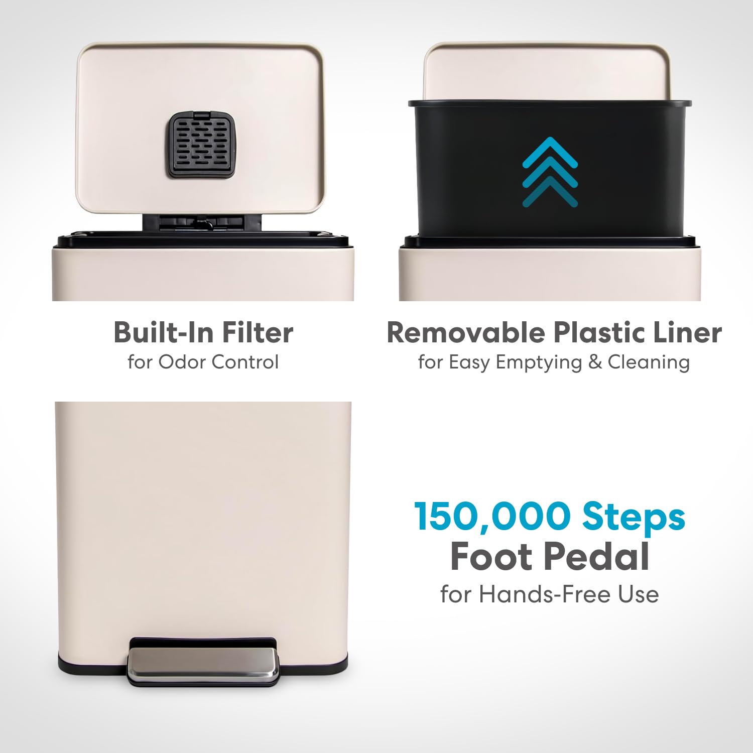 50 Liter / 13.2 Gallon Soft-Close, Smudge Resistant Trash Can with Foot Pedal and Built in Filter
