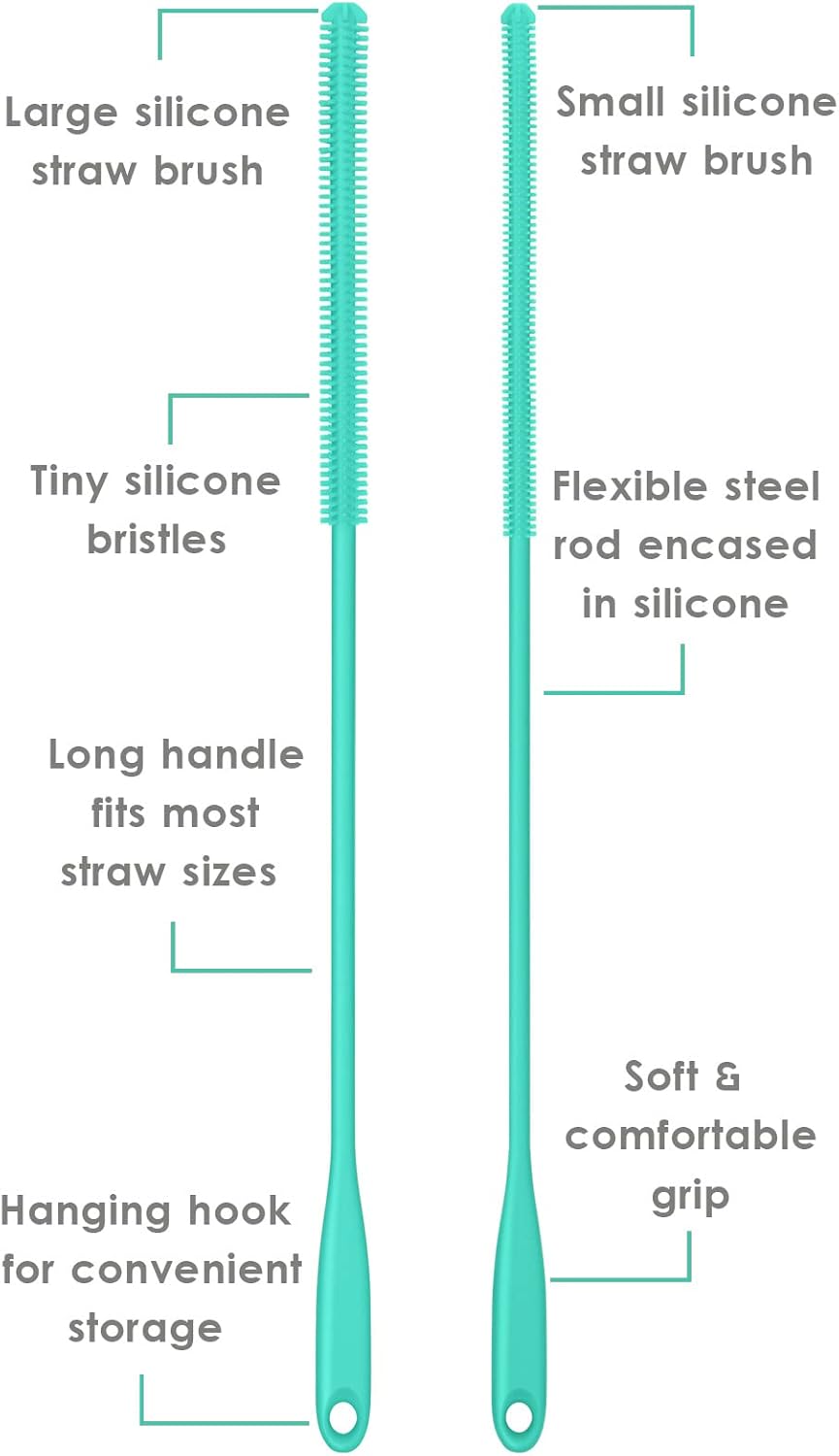 Silicone Straw Brush 4 Pack - (2 Small, 2 Wide) - 10 Inches Reusable Straw Cleaner, Pipe Cleaners
