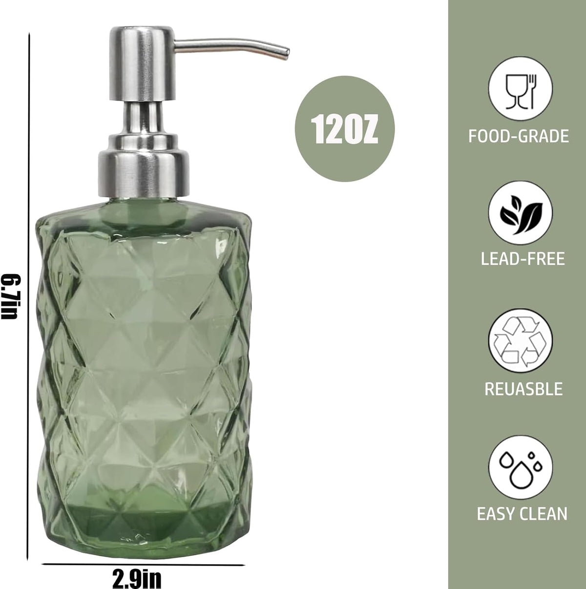 12Oz Green Glass Soap Dispenser with Stainless Steel Pump, Refillable Kitchen Liquid Hand Soap