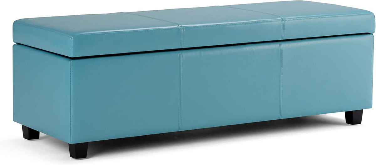SIMPLIHOME Avalon 48 inch Wide Contemporary Rectangle Storage Ottoman Bench in Soft Blue Vegan Faux